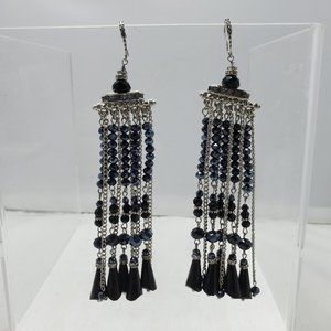 Ali Khan black gunmetal ripple long fringe glass bead earring